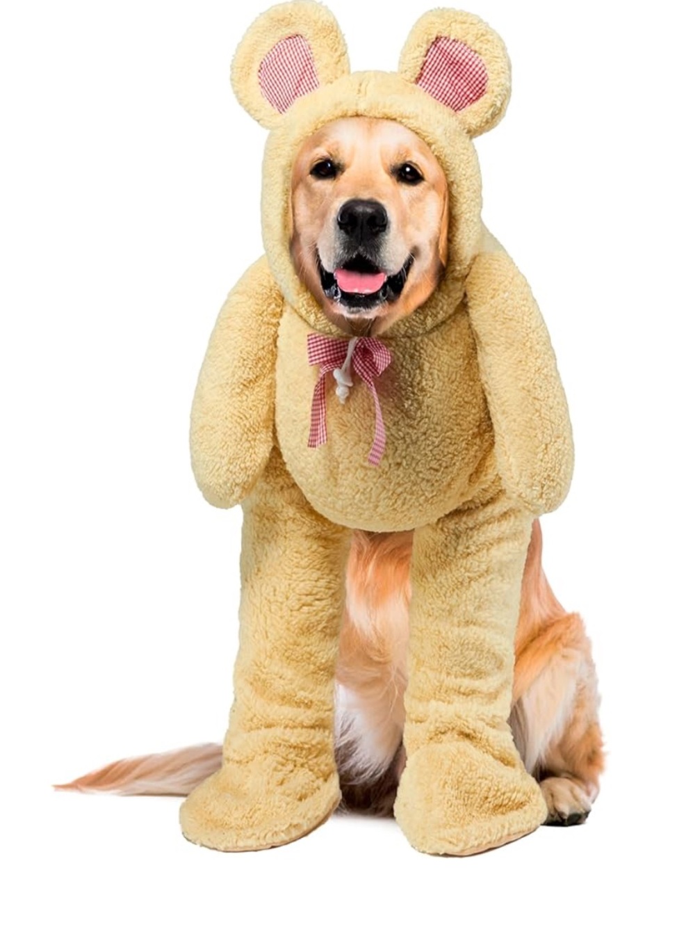Rubie's Plush Teddy Bear Dog Costume in Tan with Red Gingham Bow - Picture 6 of 6